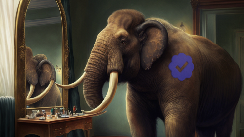 A Mastodon looks at itself in a mirror with a purple verified user checkmark.